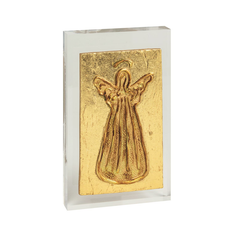 Acrylic block plaque with a gold hand-painted plaster angel design on a textured background.