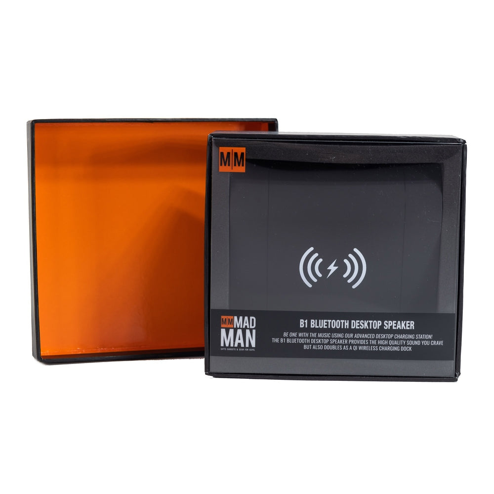 Black B1 Bluetooth desktop speaker with built-in Qi wireless charging pad.