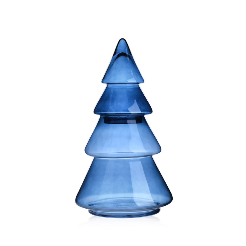 Blue Christmas tree with classic triangular silhouette.