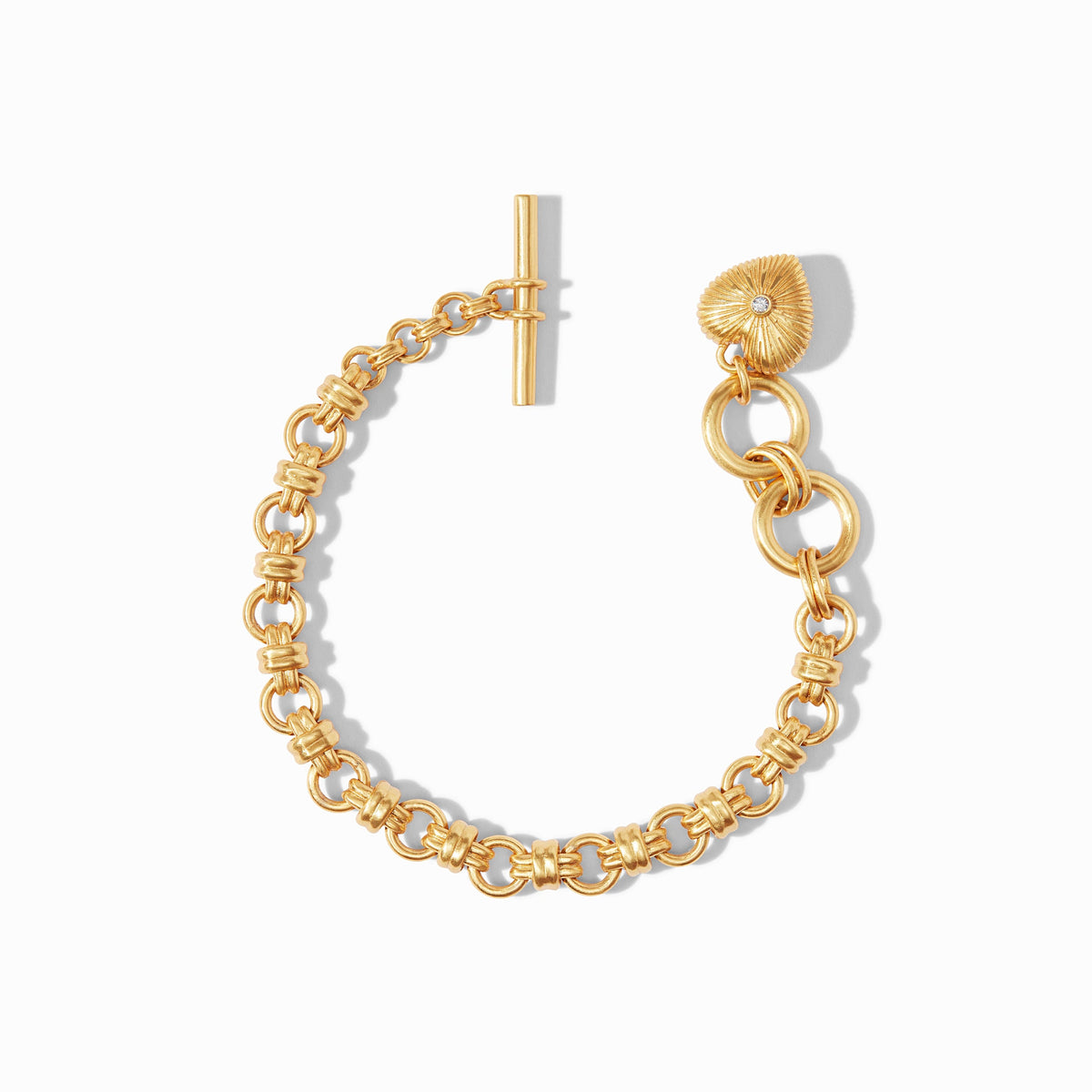 Gold plated heart bracelet with cubic zirconia stones on a toggle closure