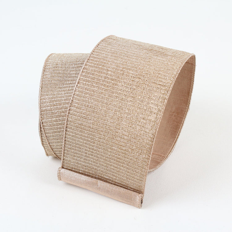 Roll of 4-inch wide pleated metallic ribbon in a shimmering platinum color.