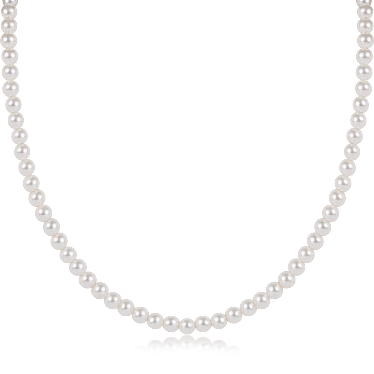17-inch choker necklace featuring a single strand of classic 4mm white beaded pearls.