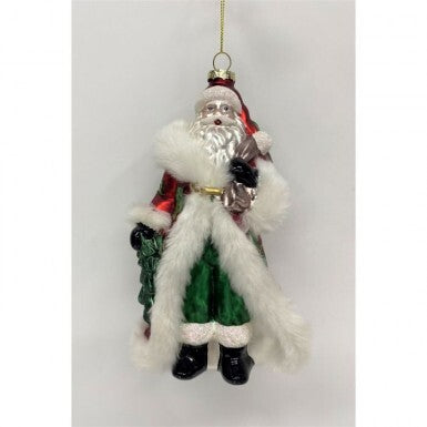 8-inch glass Santa ornament wearing a red coat with white faux fur trim and green pants.