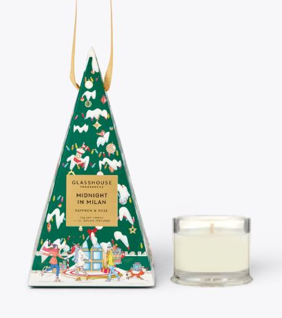 1.1 oz. Midnight in Milan Christmas Bauble Candle in green tree-shaped packaging and glass jar.