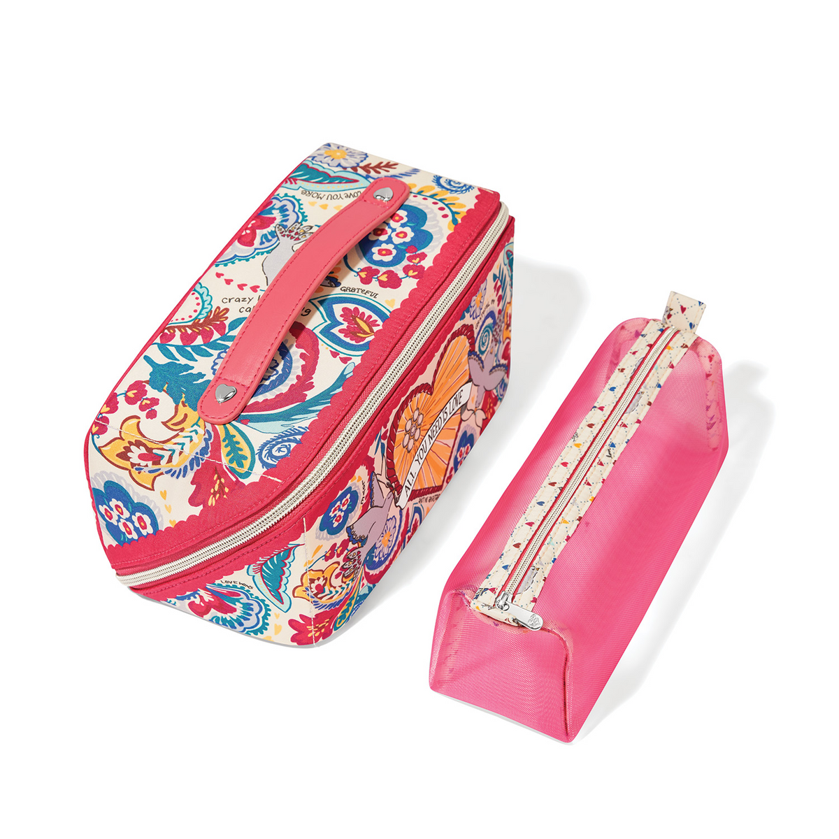 Love Story Cosmetic Case set featuring a large patterned bag and a small pink mesh pouch.