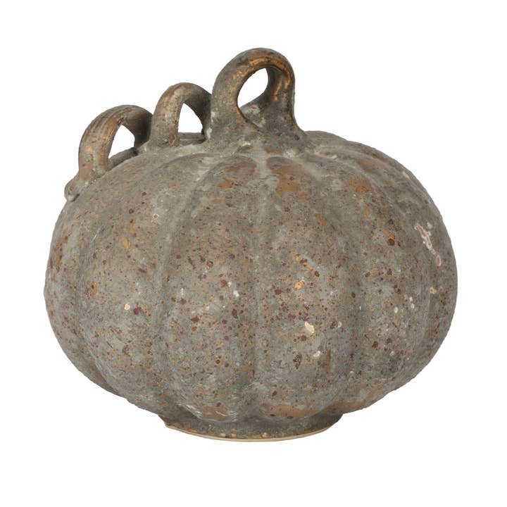 6.5-inch glass pumpkin with a dusty grey weathered patina and three looped stems.