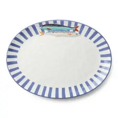Something Fishy 16x12 inch oval ceramic platter with blue stripes and hand-painted fish illustration.