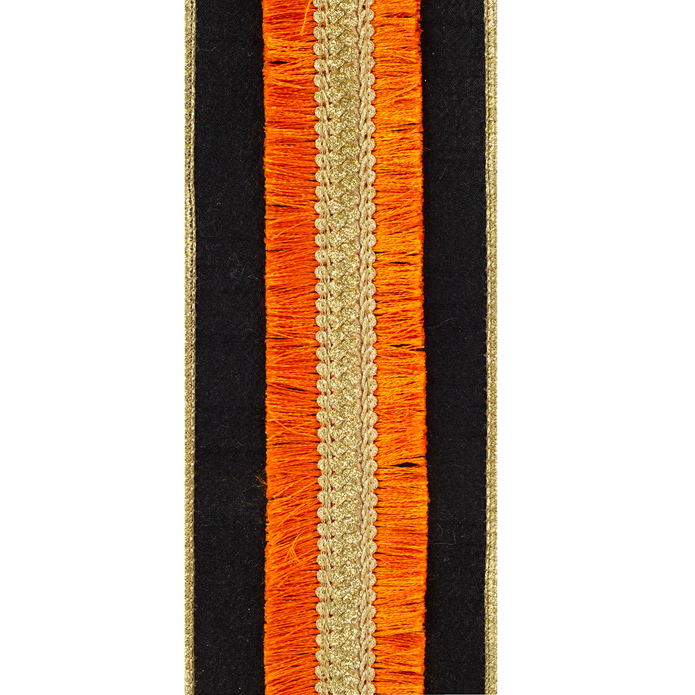 Black wired ribbon with orange fringe and a gold metallic braided center and edges.