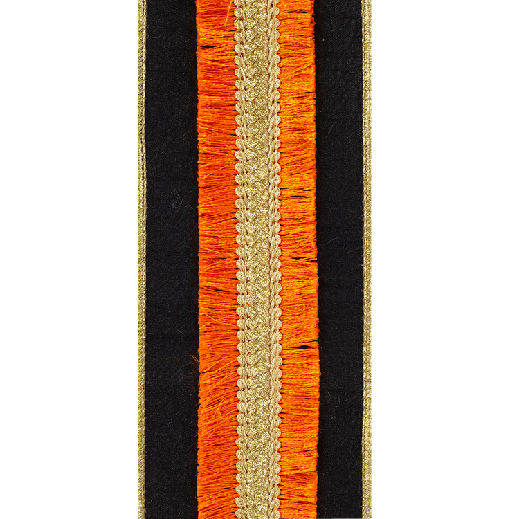 Black wired ribbon with orange fringe and a gold metallic braided center and edges.