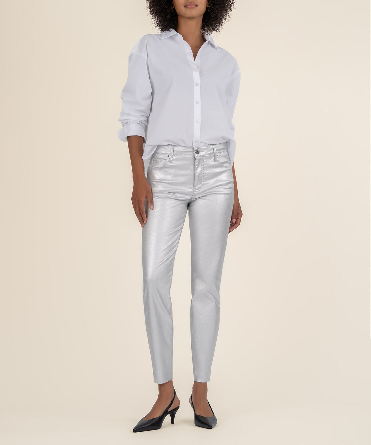 Charlize metallic coated high rise cigarette leg pants in cotton spandex fabric