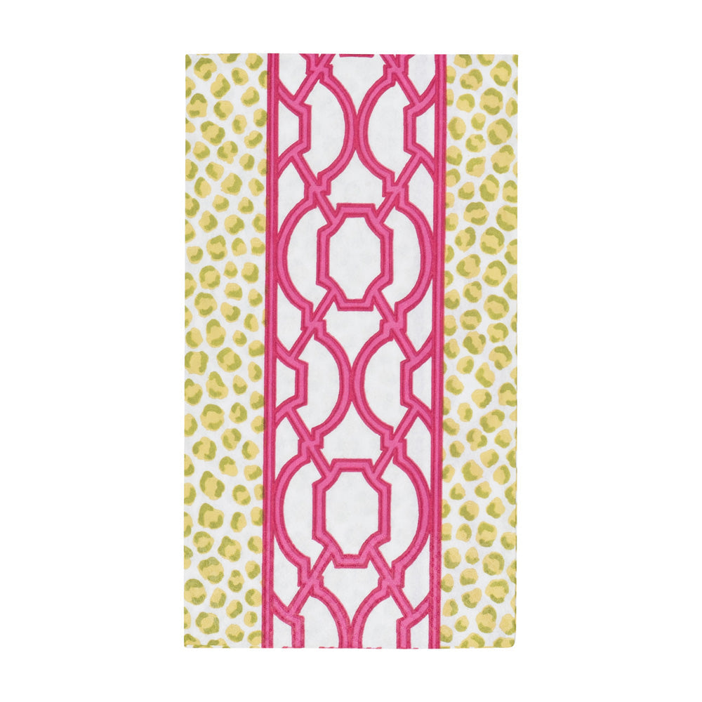 Guest towel with a pink geometric trellis pattern centered between green leopard print borders.