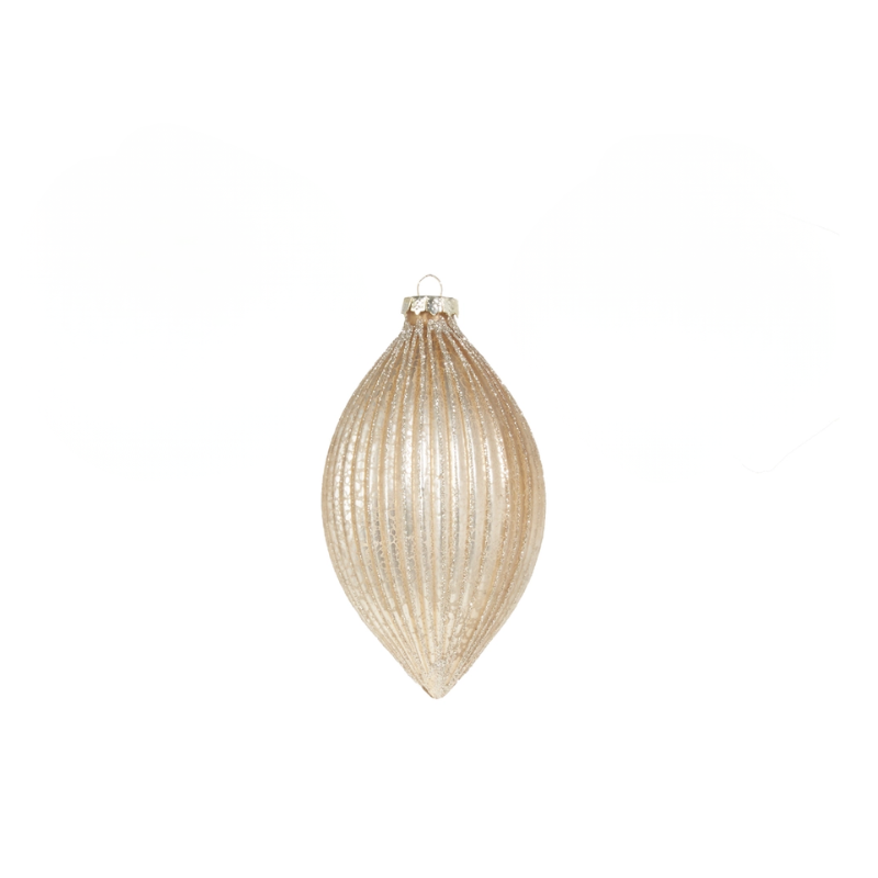 Champagne glass ornament with a ribbed texture and glitter finish in a teardrop shape.