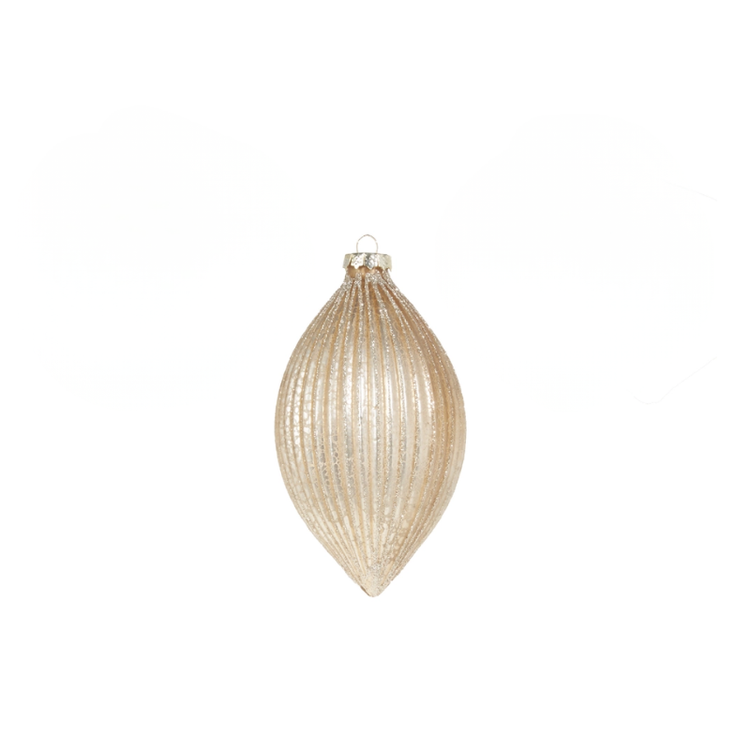 Champagne glass ornament with a ribbed texture and glitter finish in a teardrop shape.