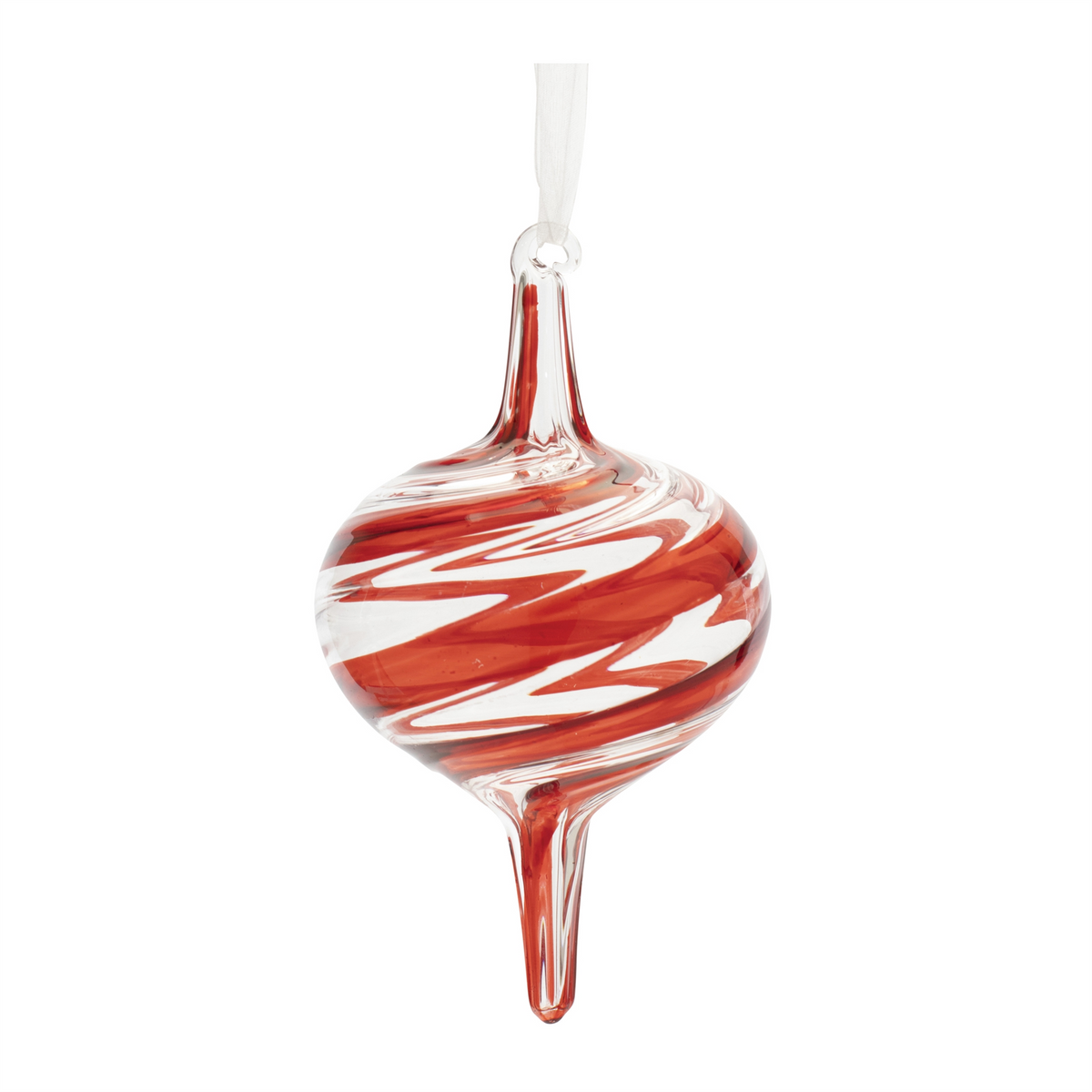 Glass drop ornament with red and white swirl patterns and a white hanging ribbon.