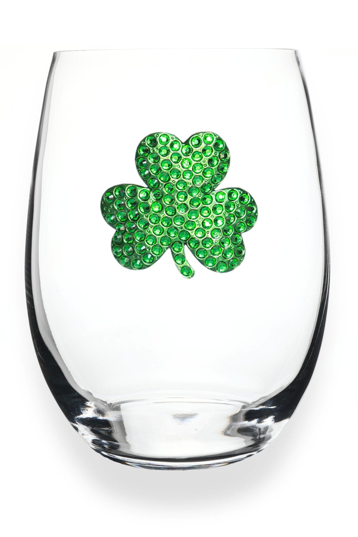 Handcrafted stemless wine glass with jeweled embellishments around the rim in clear crystal.