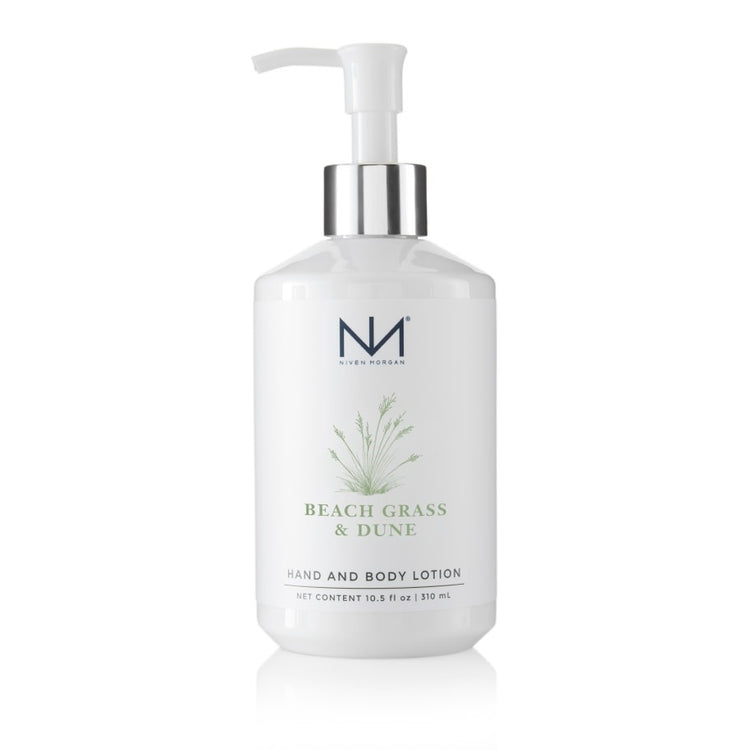 Bottle of Beach Grass & Dune hand and body lotion with a pump dispenser.