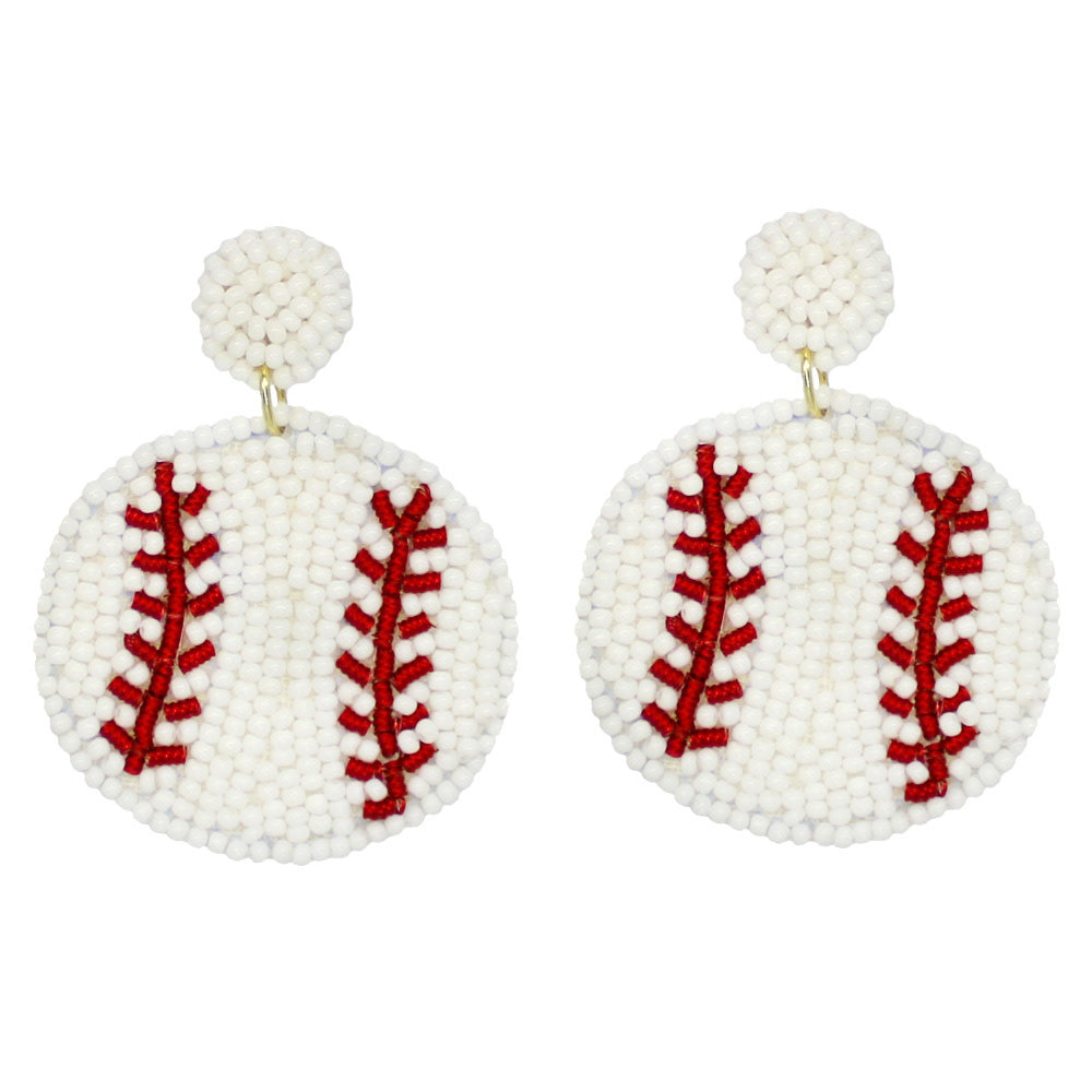 Sporty beaded baseball earrings with a round silver-tone base and colorful bead pattern.