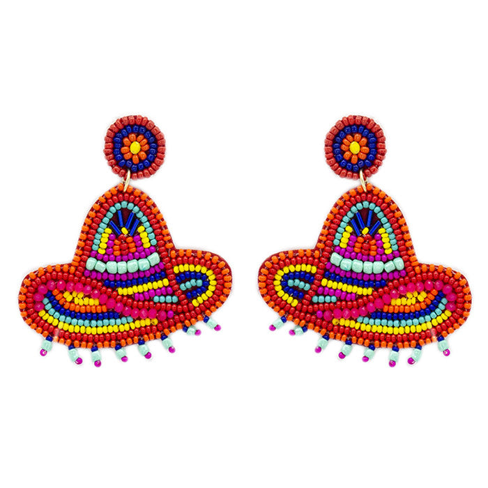 Gold-tone beaded Cinco de Mayo earrings featuring a festive sombrero pattern with red and green accents.
