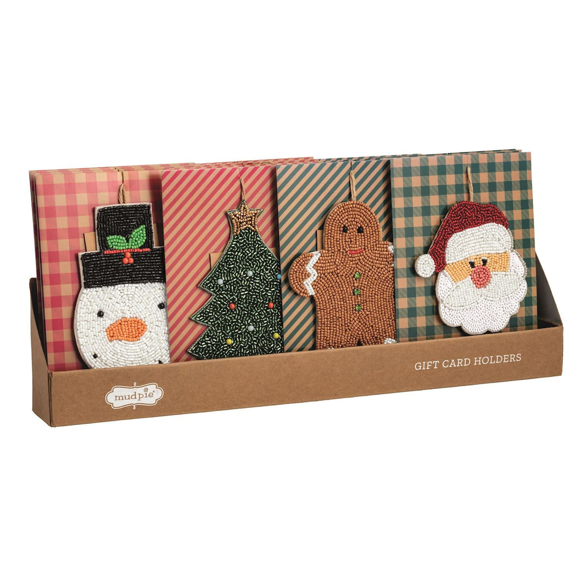 Beaded felt ornament with a back pocket holding a gift card, featuring jute hanger and kraft display.