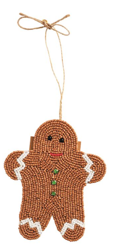 Gingerbread felt ornament with beaded trim holding a gift card in its back pocket.