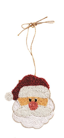 Red beaded felt Santa ornament with a back pocket holding a gift card.