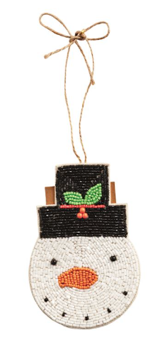 Snowman felt ornament with beaded texture holding a gift card in back pocket.