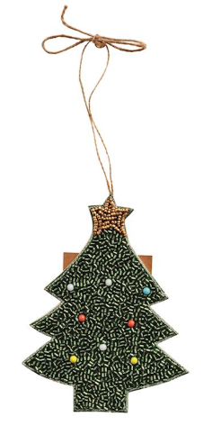 Beaded felt gift card ornament with jute hanger in neutral tones