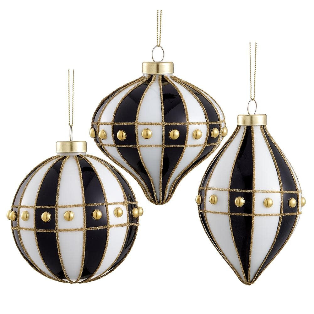 Black and white beaded glass ornament with a round silhouette.