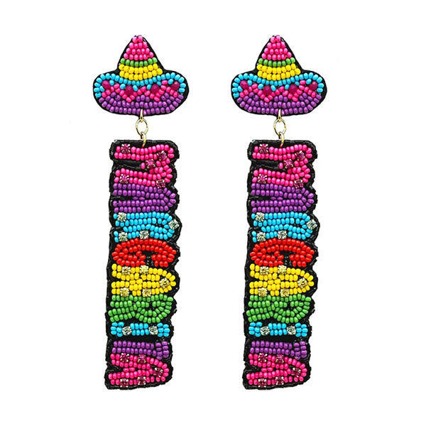 Gold-tone beaded Cinco de Mayo earrings featuring a margarita glass silhouette with colorful fruit and salt rim details.