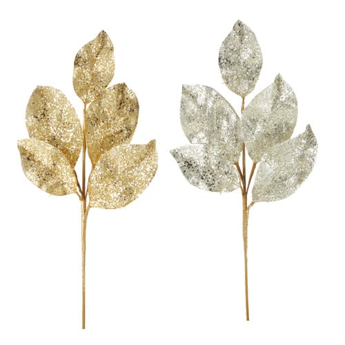 Twenty-four inch plastic spray branch with flat gold glitter leaves beaded in metallic finish