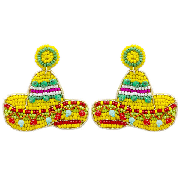 Beaded Cinco de Mayo earrings featuring a sombrero silhouette with colorful festive beads.