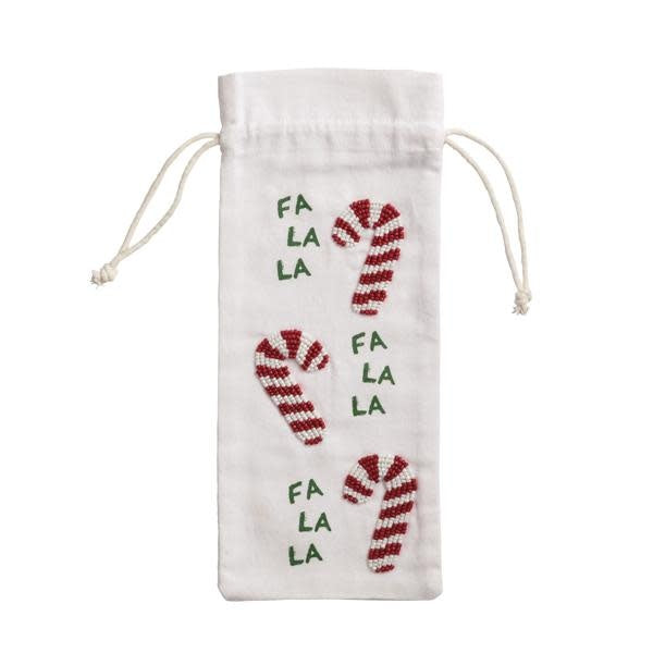 Candy cane striped cotton wine bag with beaded exterior detail