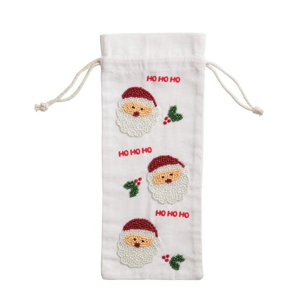 Santa-themed beaded wine bag made of cotton with a festive red pattern.