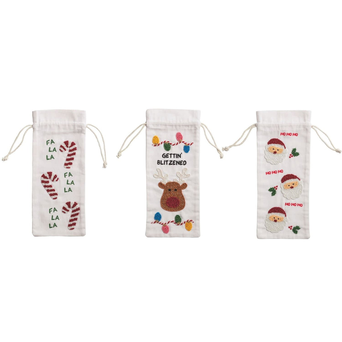 Beige cotton wine bag with gold beaded exterior and drawstring closure