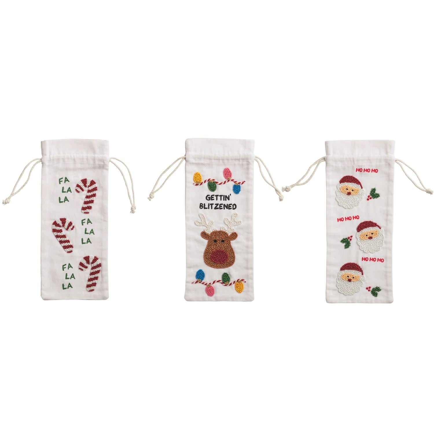 Beige cotton wine bag with gold beaded exterior and drawstring closure