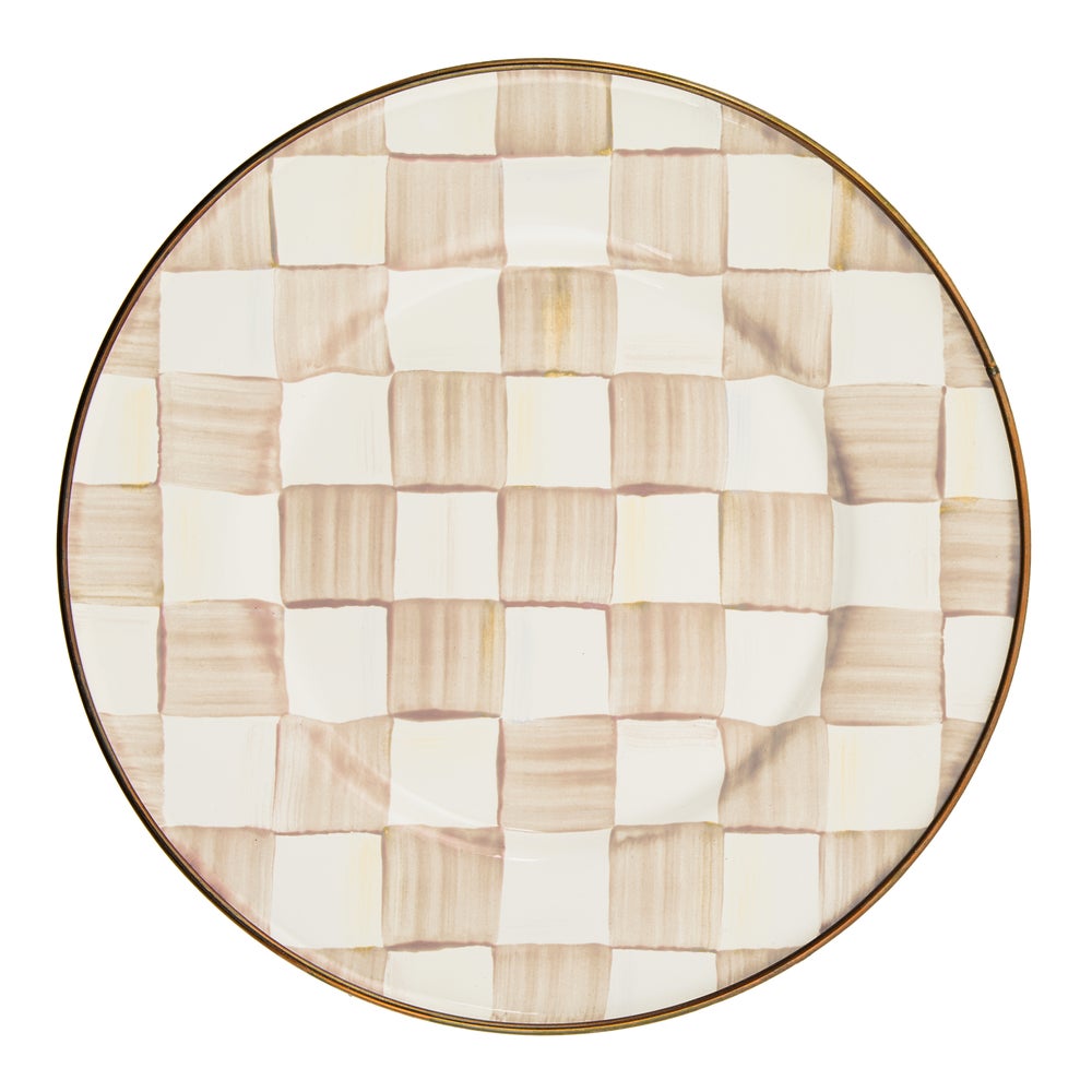 Mocha Check Salad Plate with hand-painted brown and cream checkered pattern and bronzed steel rim.