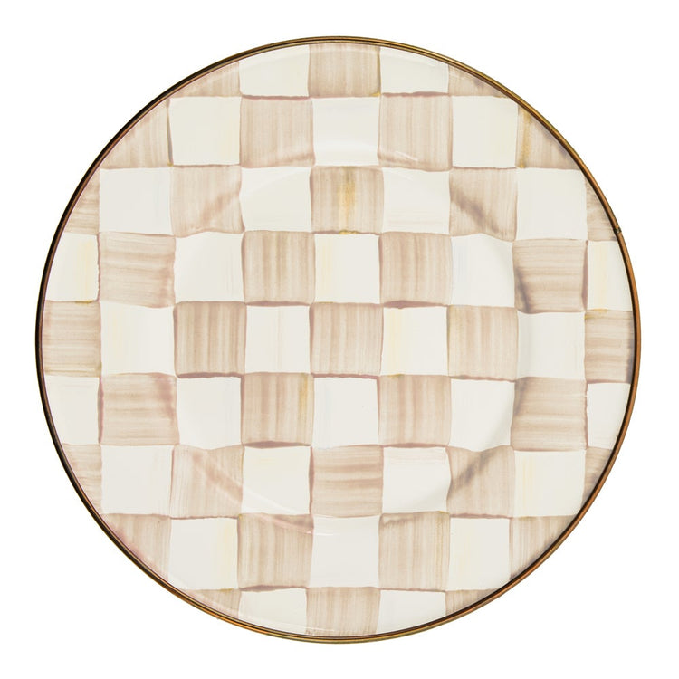 Mocha Check Salad Plate with hand-painted brown and cream checkered pattern and bronzed steel rim.
