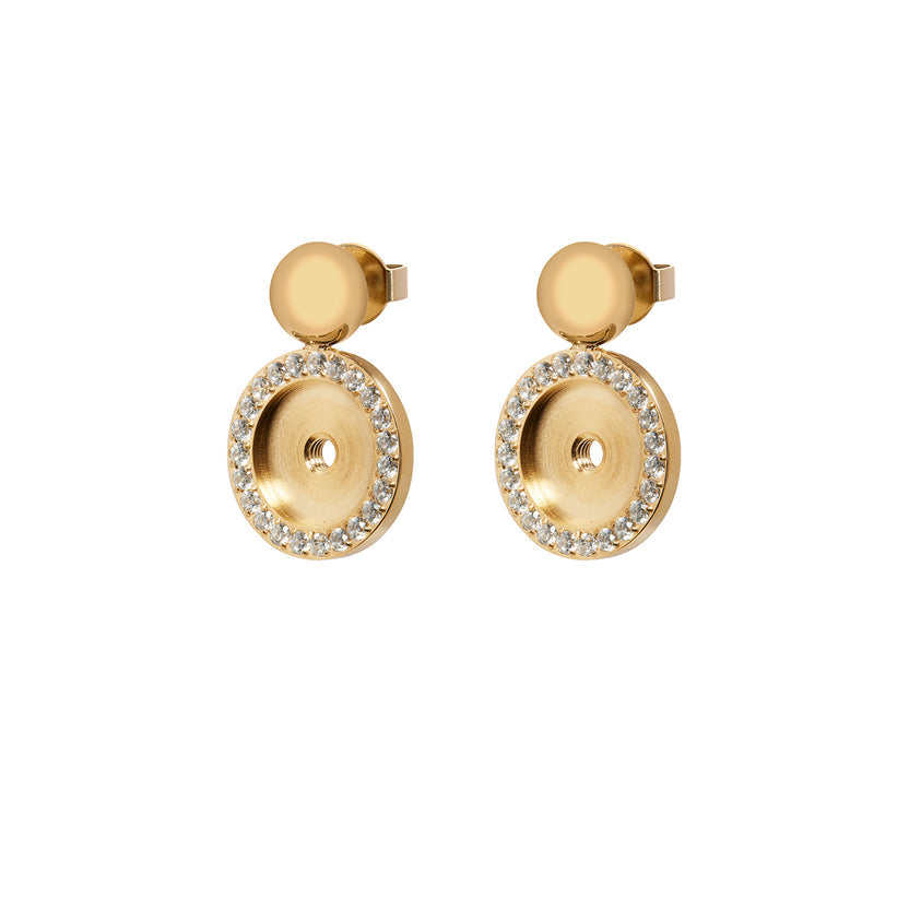 Portofino 15mm gold base earrings with a circular zirconia-set halo and a smooth gold stud top.