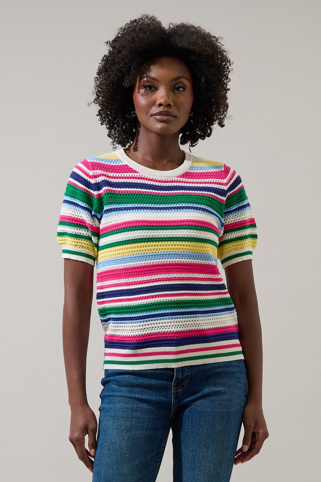 Women's Linzia striped crochet sweater top with short sleeves in light blue cotton.