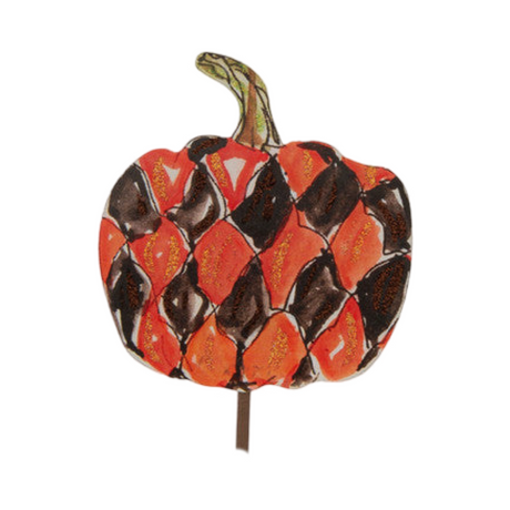 Metal Halloween pumpkin stake with diamond cutout pattern in orange.