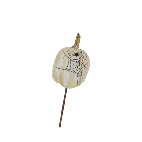 Metal Halloween pumpkin stake with spiderweb pattern in orange and black.