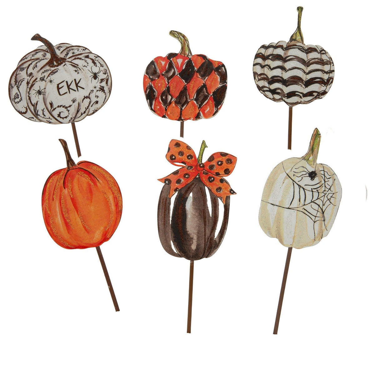 Metal Halloween pumpkin stake with orange finish measuring six inches wide by seven inches tall.