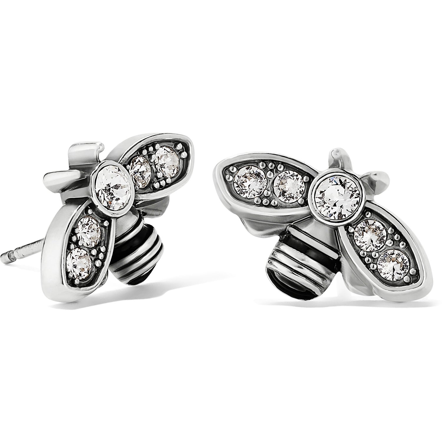 Silver plated mini post earrings featuring a bee-shaped crystal drop with silver finish.