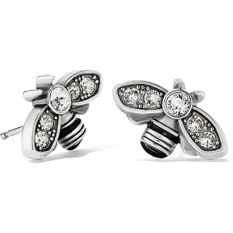 Silver plated mini post earrings featuring a bee-shaped crystal drop with silver finish.