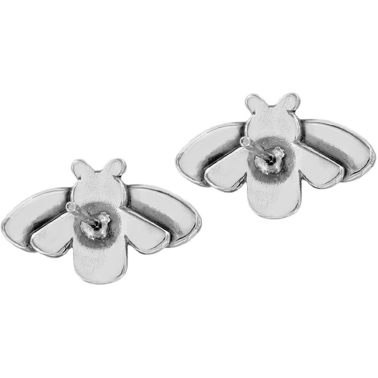 Silver plated mini post earrings featuring a bee-shaped crystal drop with silver finish.