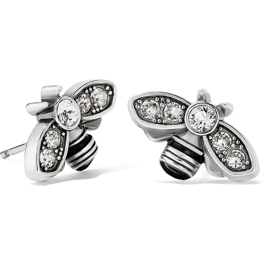 Silver plated mini post earrings featuring a bee-shaped crystal drop with silver finish.