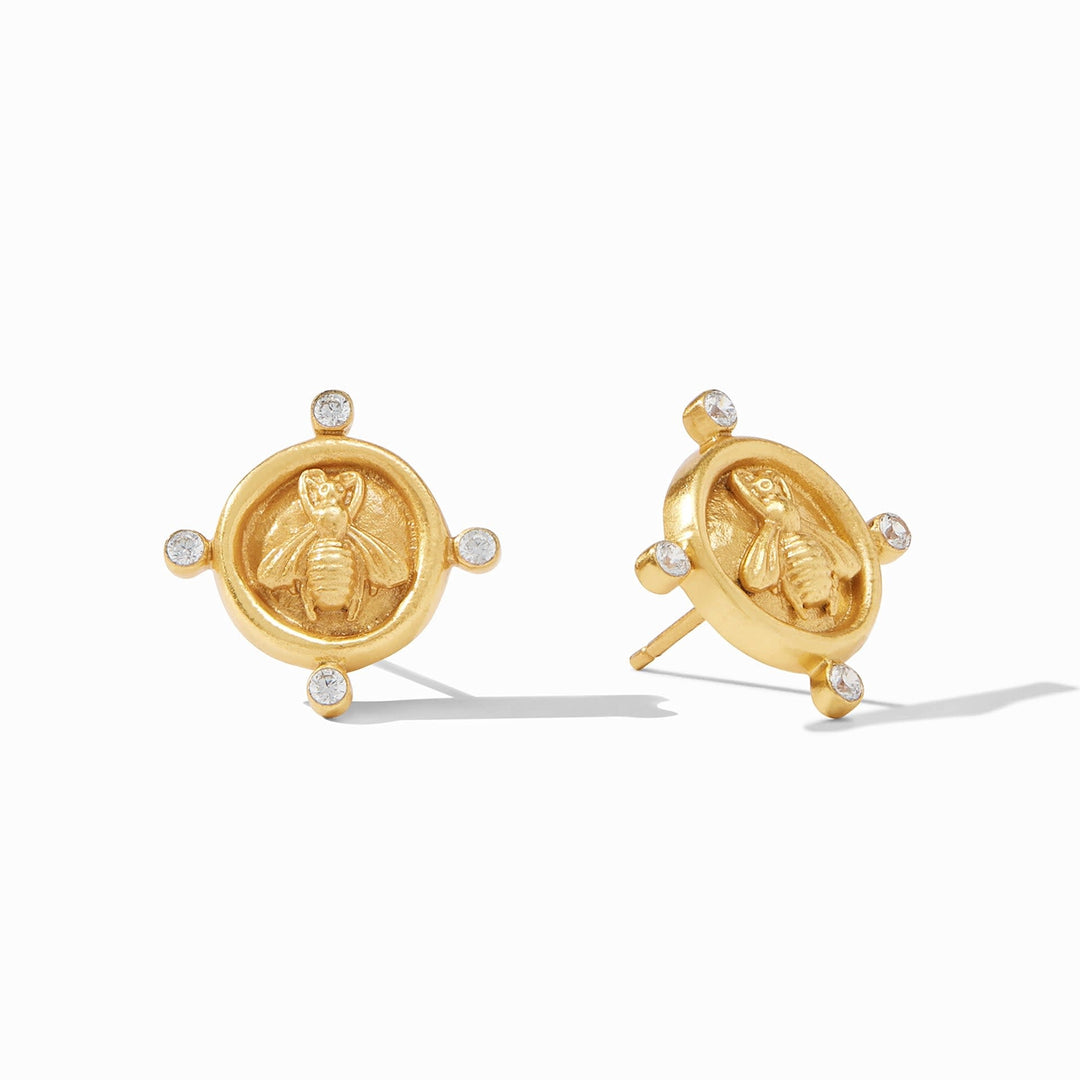 Gold plated bee cameo stud earrings featuring four cubic zirconia stones.