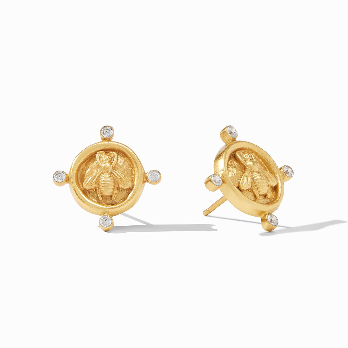 Gold plated bee cameo stud earrings featuring four cubic zirconia stones.