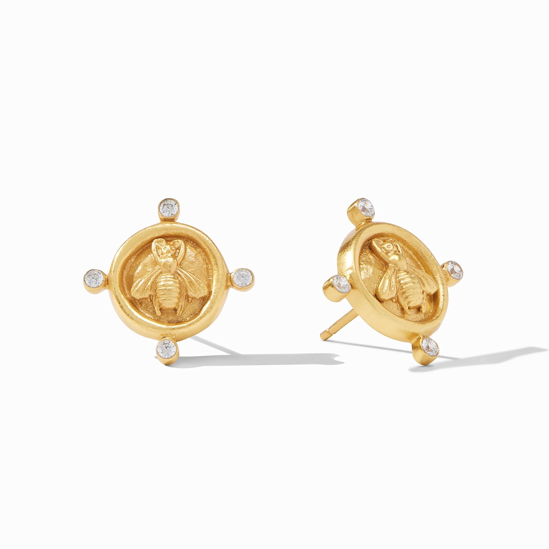 Gold plated bee cameo stud earrings featuring four cubic zirconia stones.