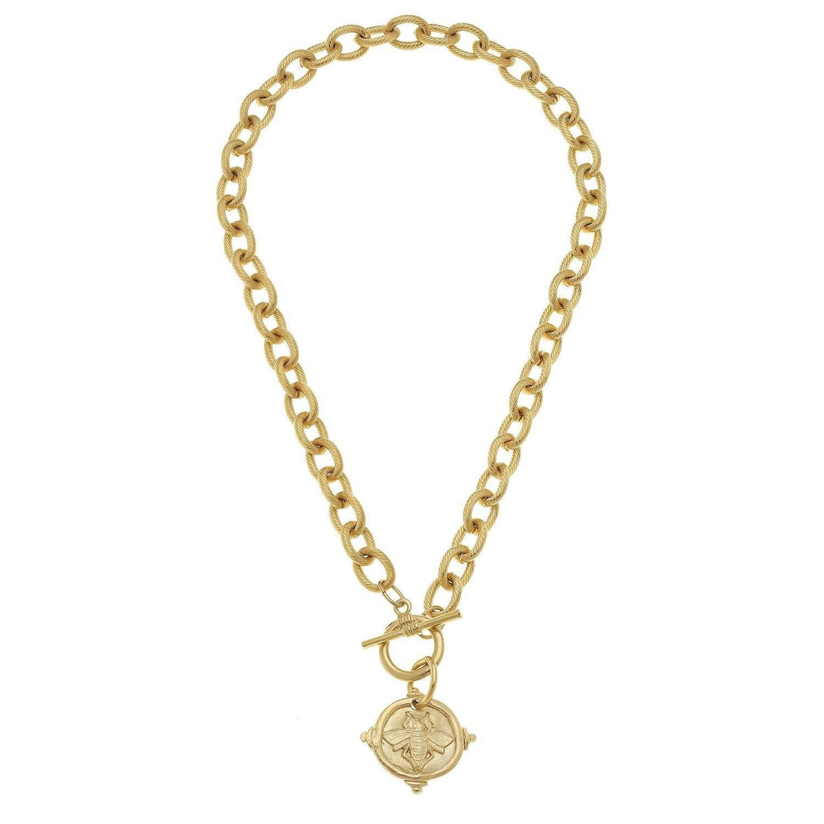 Triple-plated gold bee intaglio pendant on a textured chain necklace with toggle clasp.
